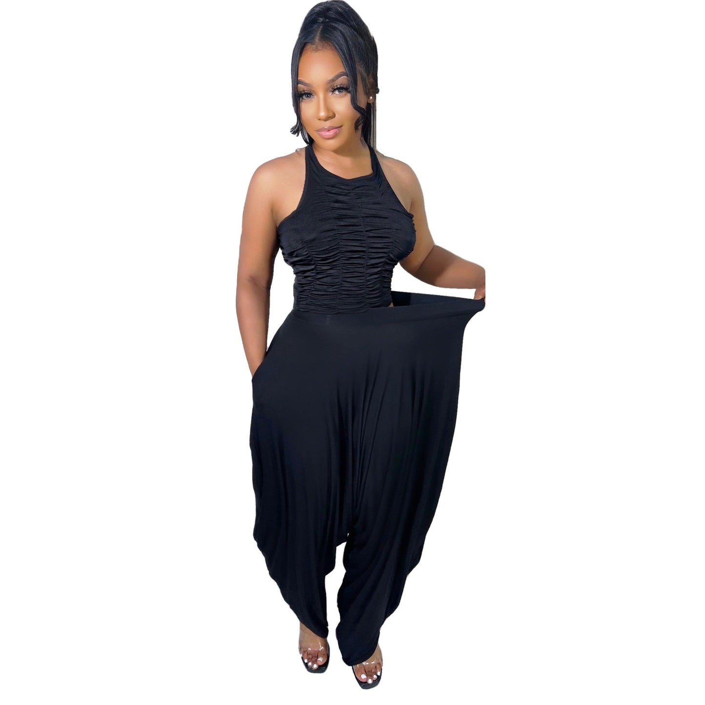 Women Clothing Wide Leg Pants Two Piece Set Fold Sleeveless Loose Sexy Summer