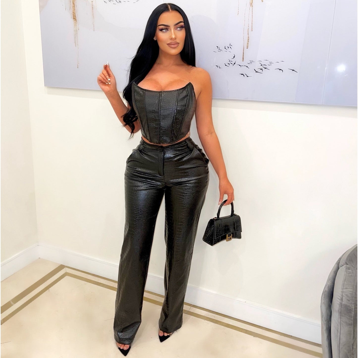 Women Clothing Tube Top Faux Leather Suit Sexy Faux Leather Two Piece Set