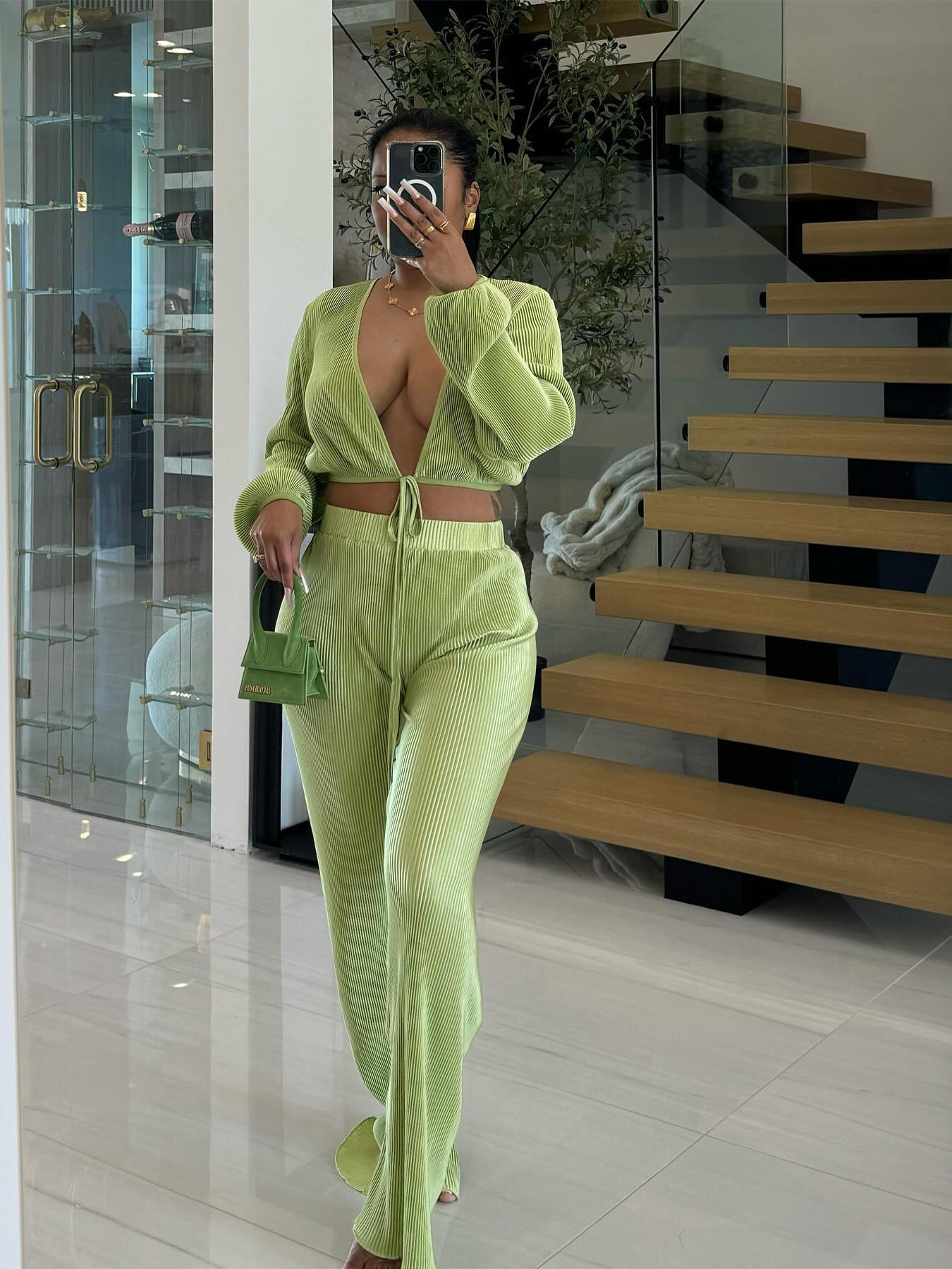 Women Clothing Comfort Casual Sexy Draped Pleated Wide Leg Pants Suit