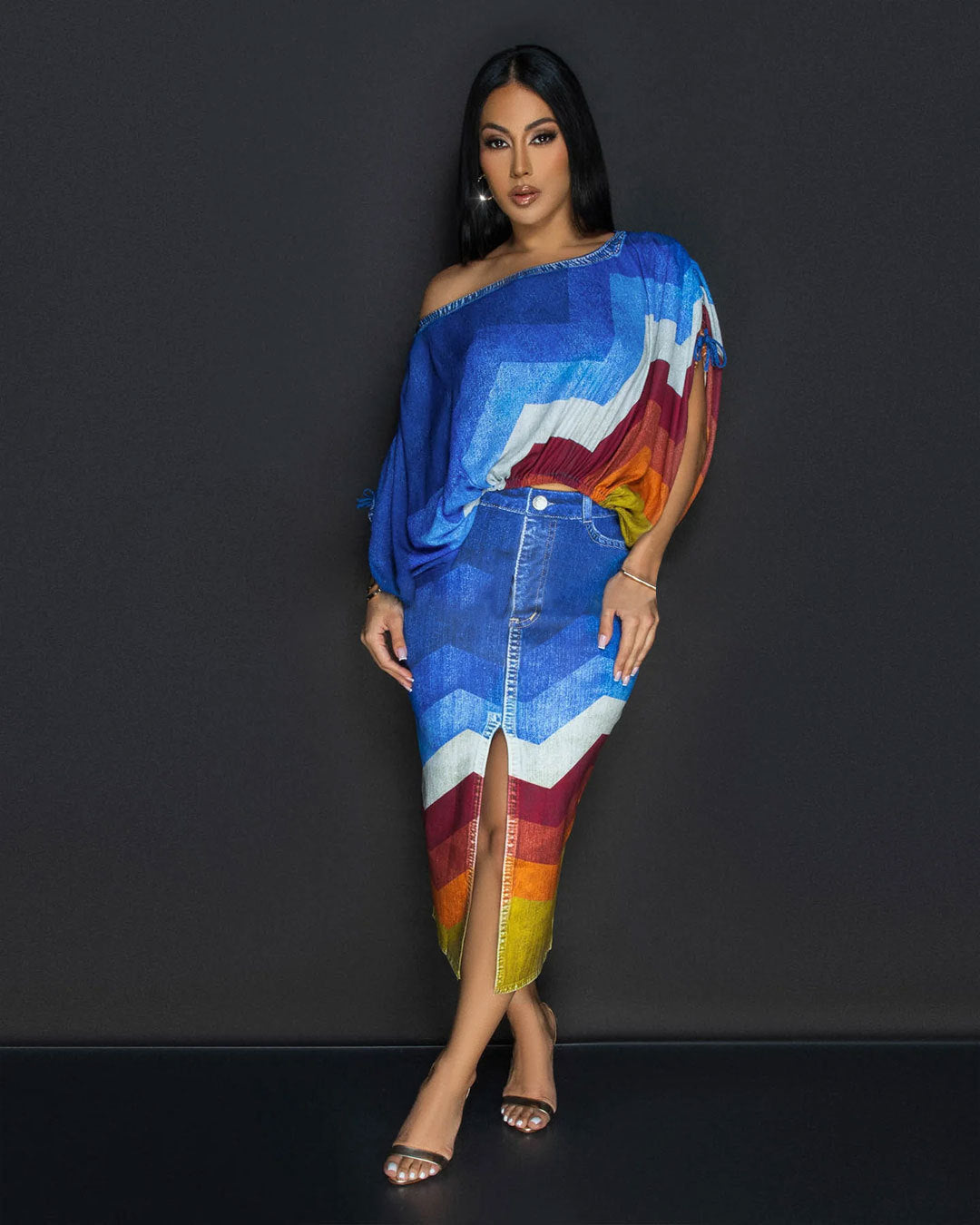 Off Neck Printed Batwing Sleeve Top Split Skirt Two Piece Set