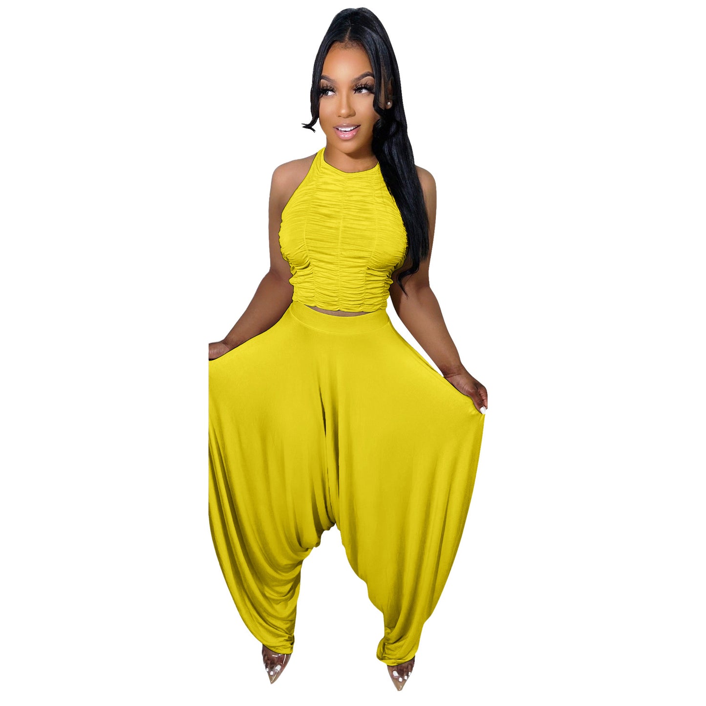 Women Clothing Wide Leg Pants Two Piece Set Fold Sleeveless Loose Sexy Summer