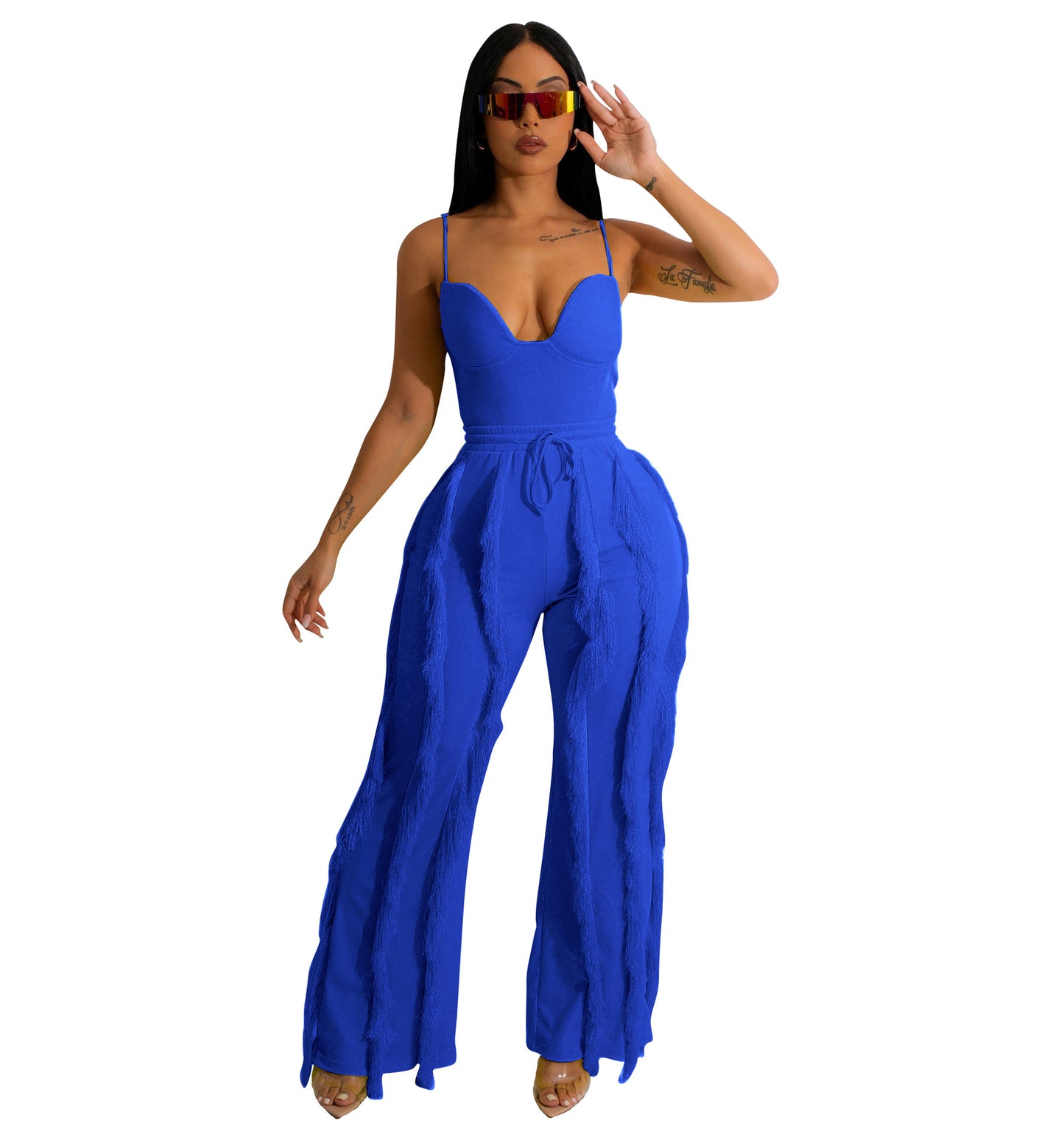 Women Clothing Suit Tassel Lace Sling Jumpsuit Two Piece Set Straight Leg Pants Summer