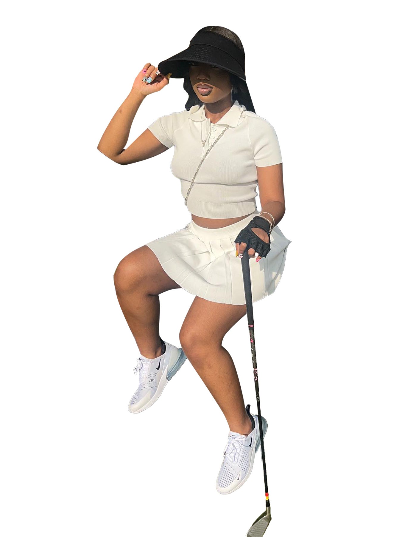 Women Clothing Collared Breasted Pleated Skirt Woolen Golf Sports Casual Set