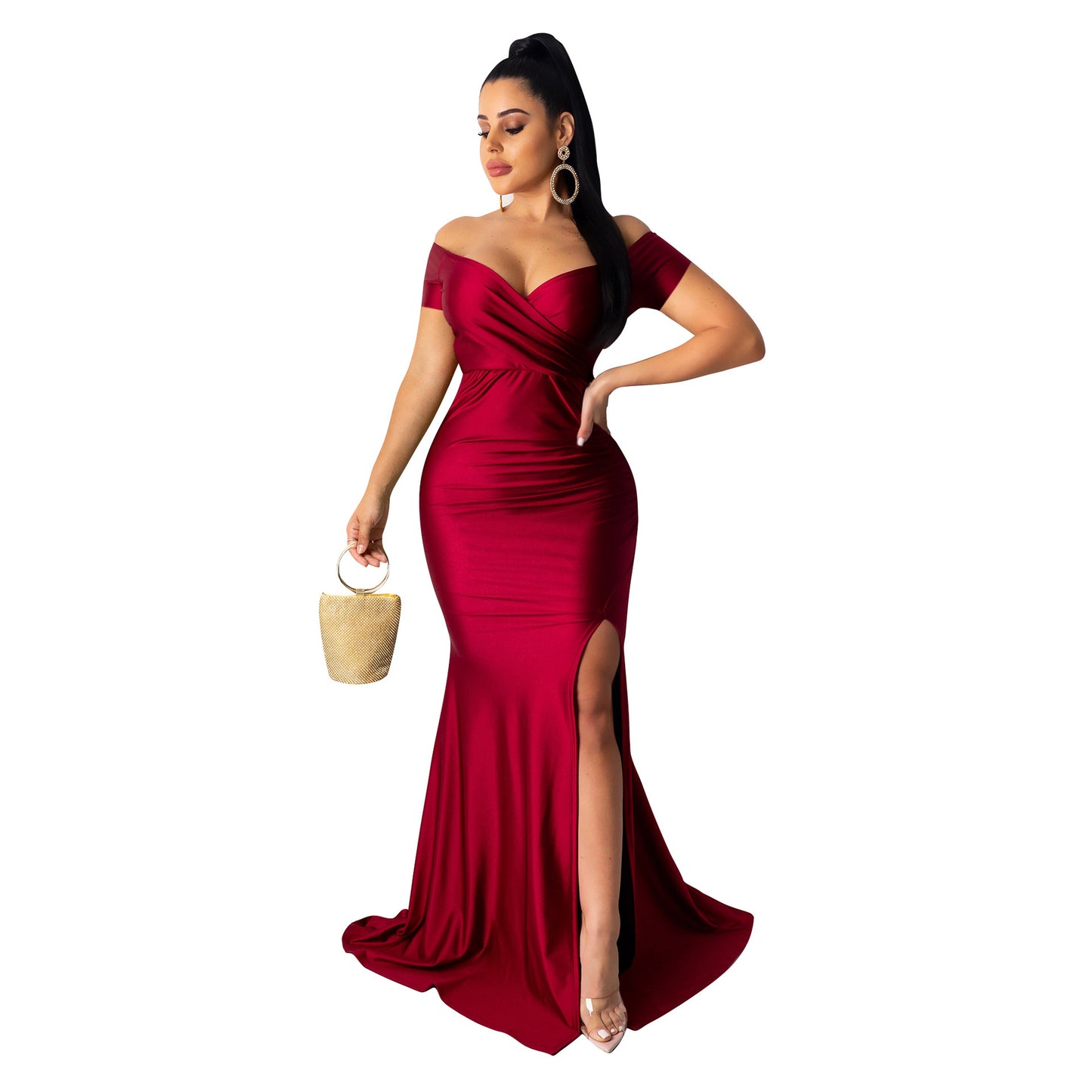 Women Clothing Sexy Dress Nightclub V neck Formal Dress Solid Color Large Slit Dress Spring Summer Short Sleeve