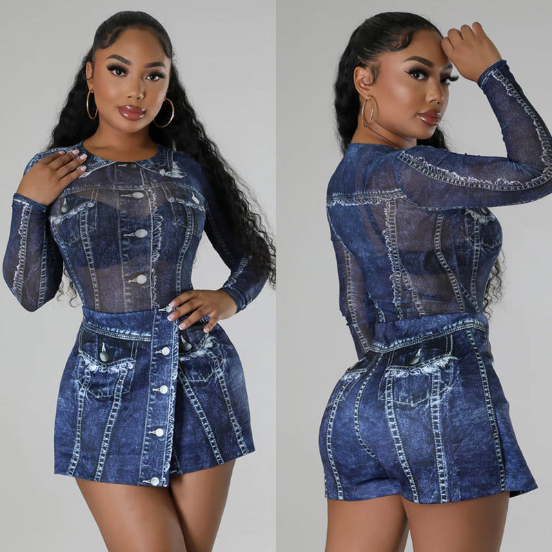 Women Clothing Autumn Imitation Denim Printed Mesh Short Dress Two Piece Set