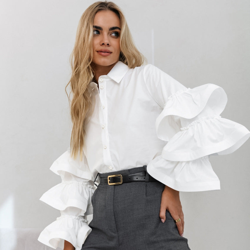 White Ruffled Long Sleeve Elegant Women Shirt Autumn