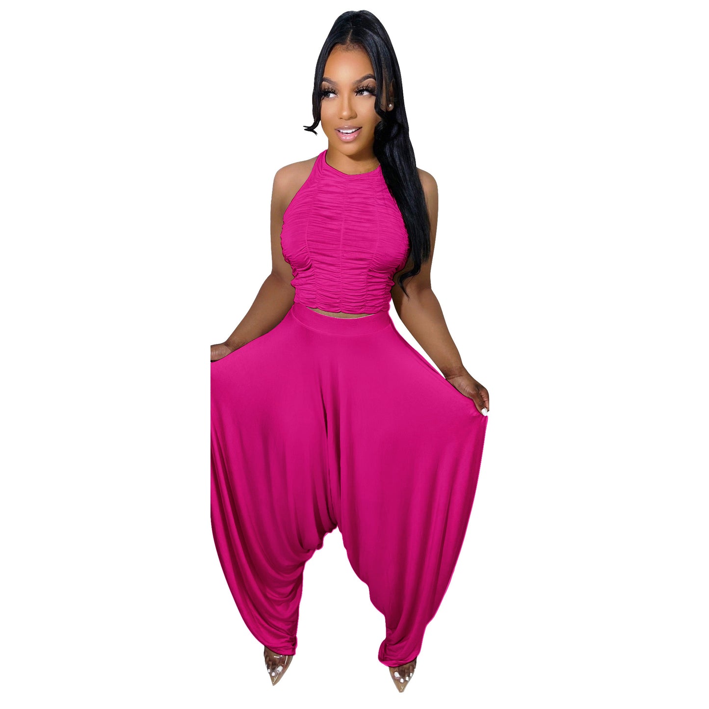 Women Clothing Wide Leg Pants Two Piece Set Fold Sleeveless Loose Sexy Summer