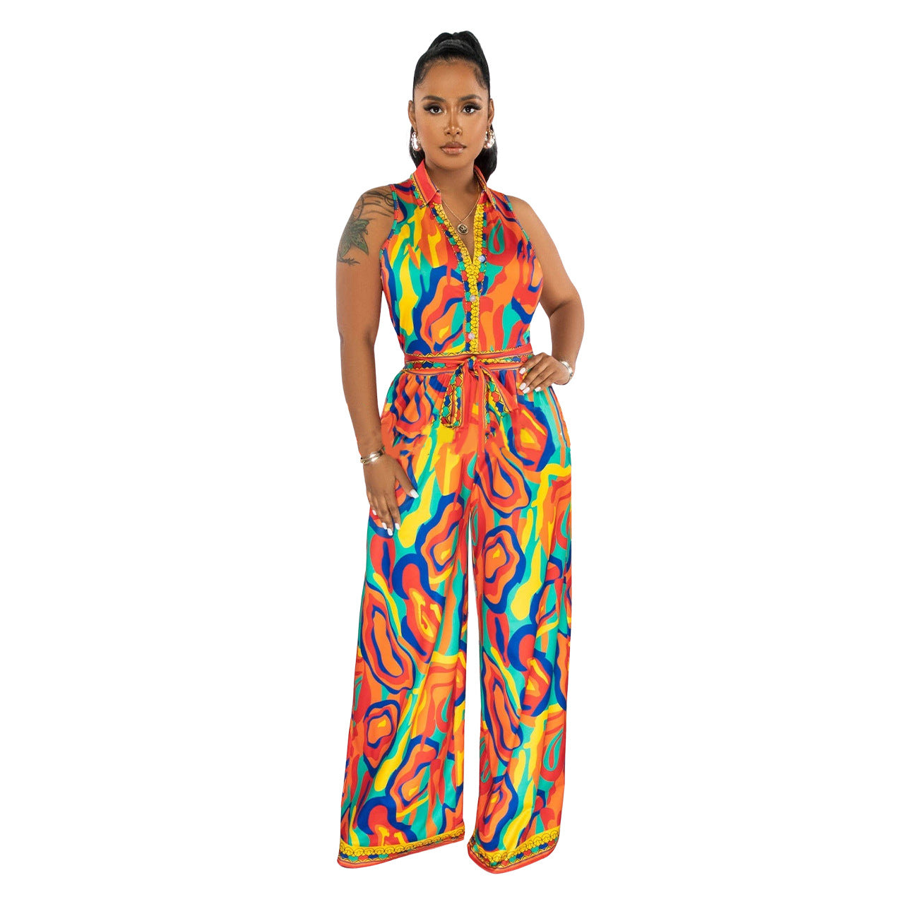 Women Clothing Summer Ethnic Sleeveless Positioning Printed Wide Leg Jumpsuit