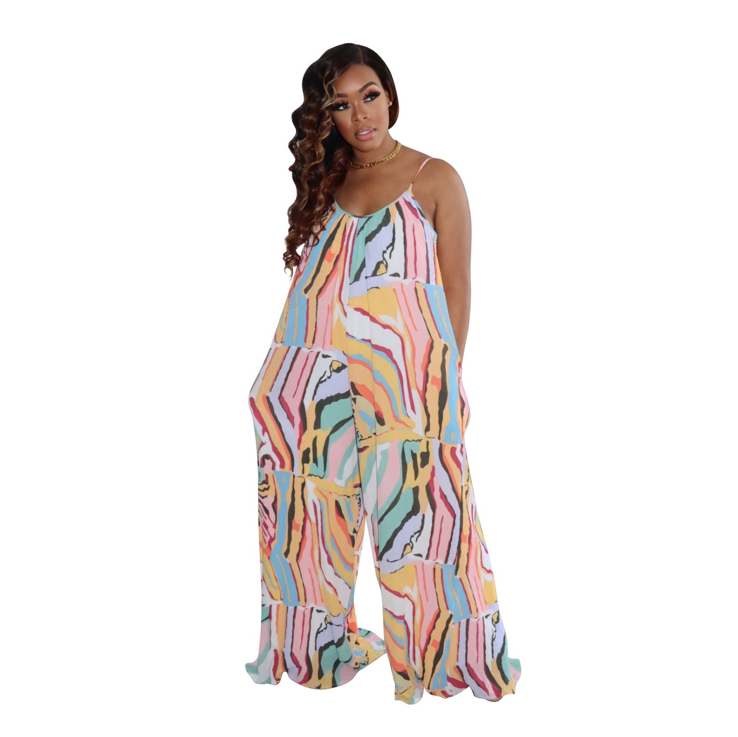 Women Clothing Sling Jumpsuit Striped Printed Sleeveless Loose Nightclub Vacation