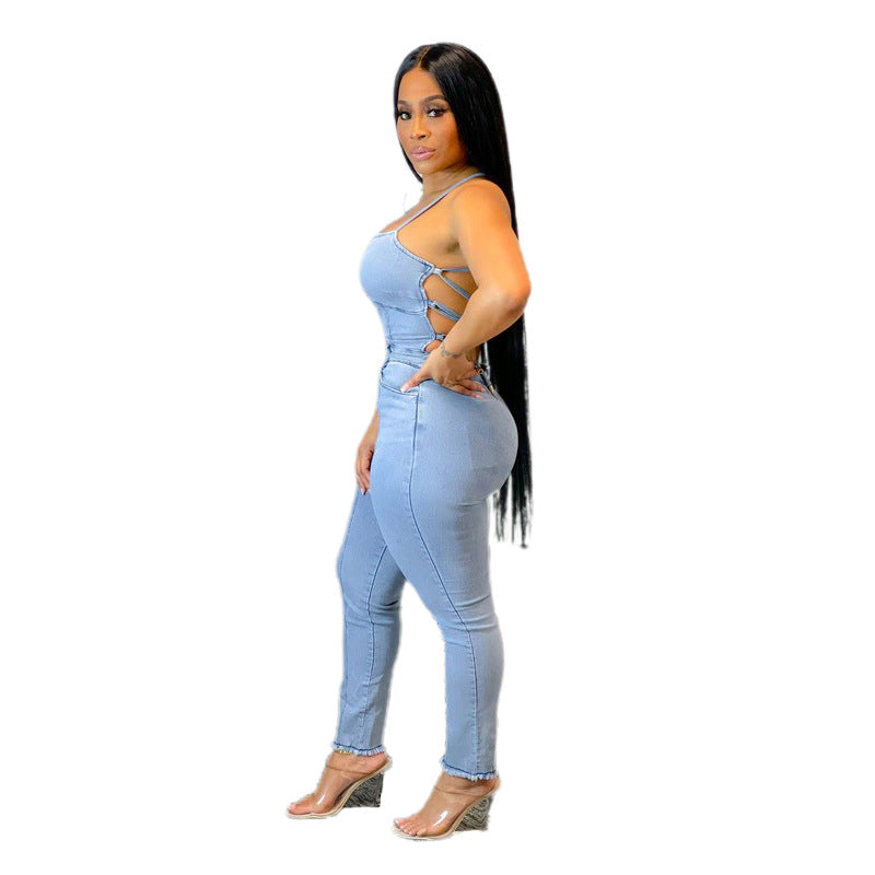 Casual Slim Fit Backless Bandage Denim Jumpsuit