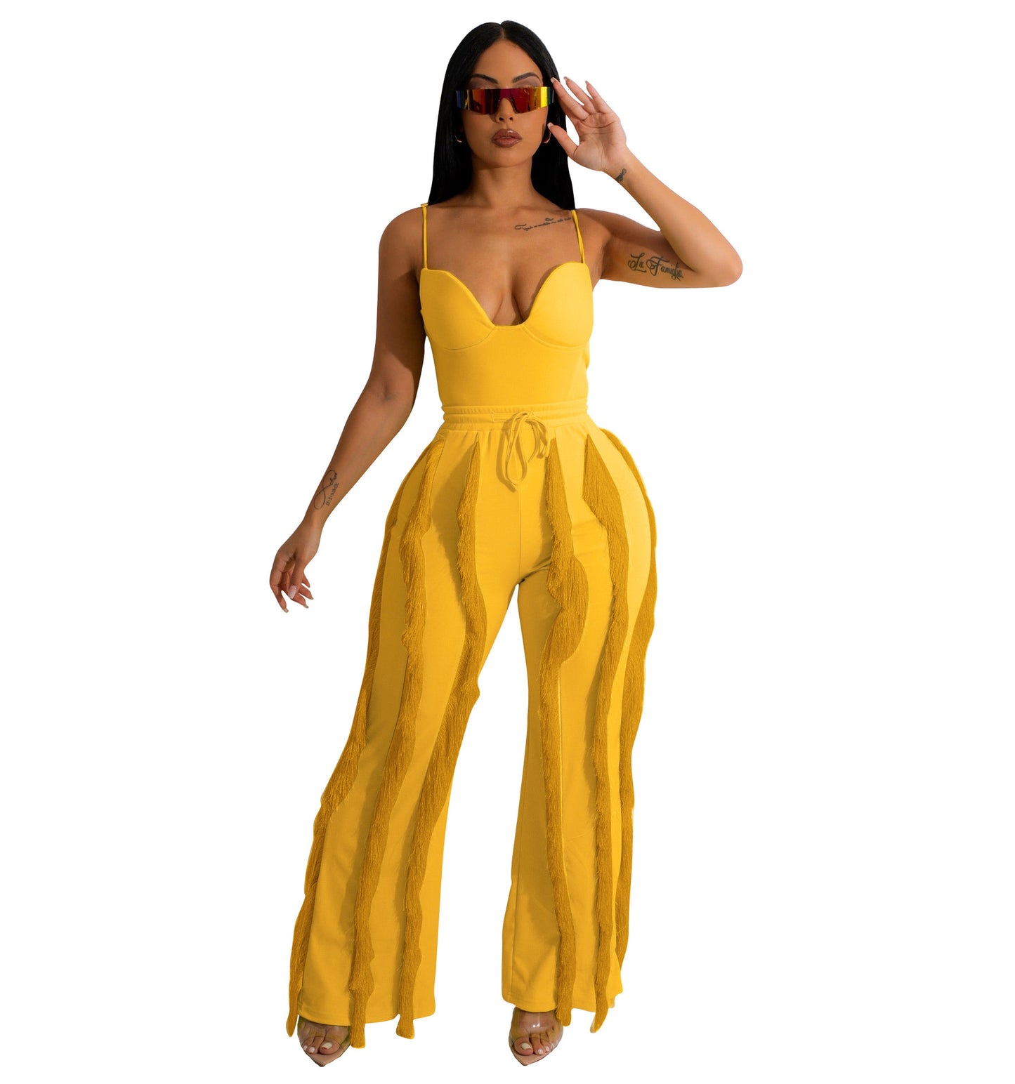 Women Clothing Suit Tassel Lace Sling Jumpsuit Two Piece Set Straight Leg Pants Summer