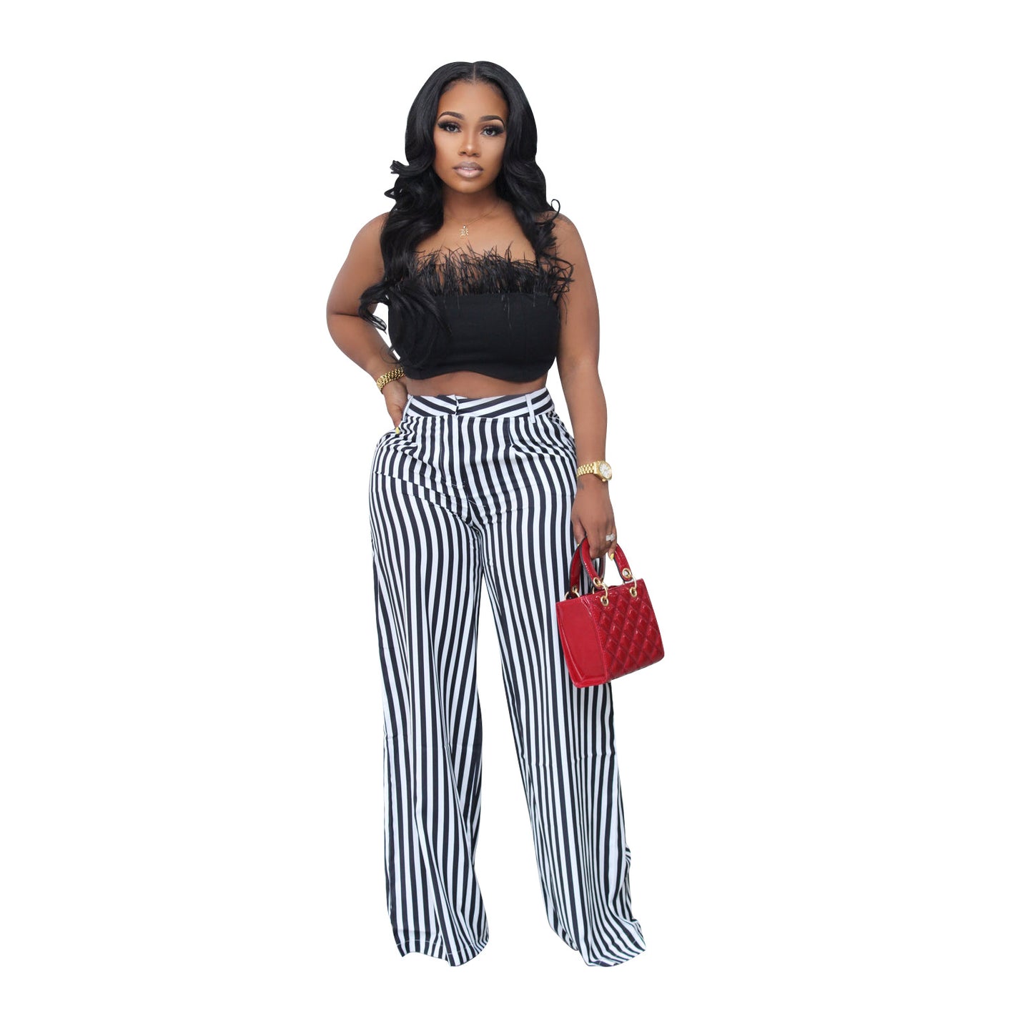 Women Clothing Striped Floral Print Casual Wide Leg Pants Summer Loose Trousers