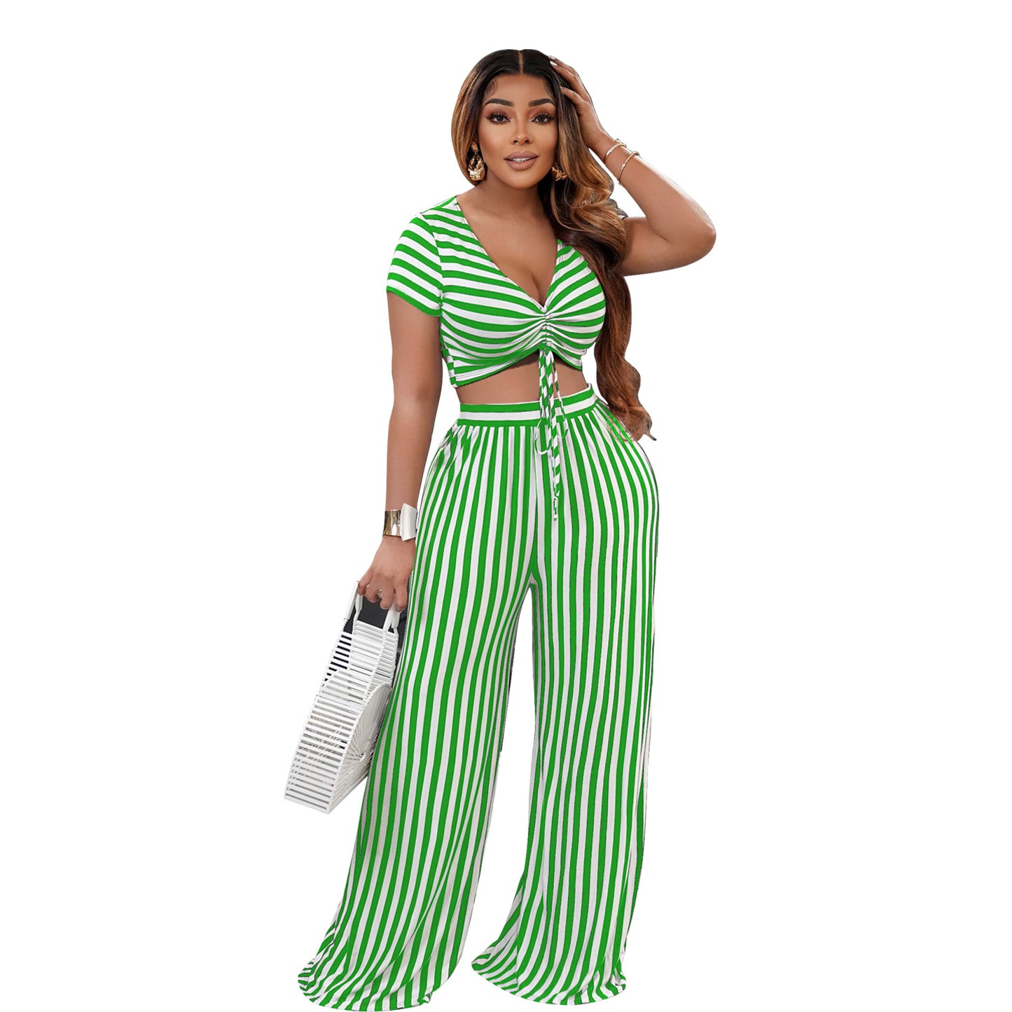 Women Clothing Two-Piece Striped Printed Two-Piece Suit Short Sleeve V-neck Loose Spring Summer