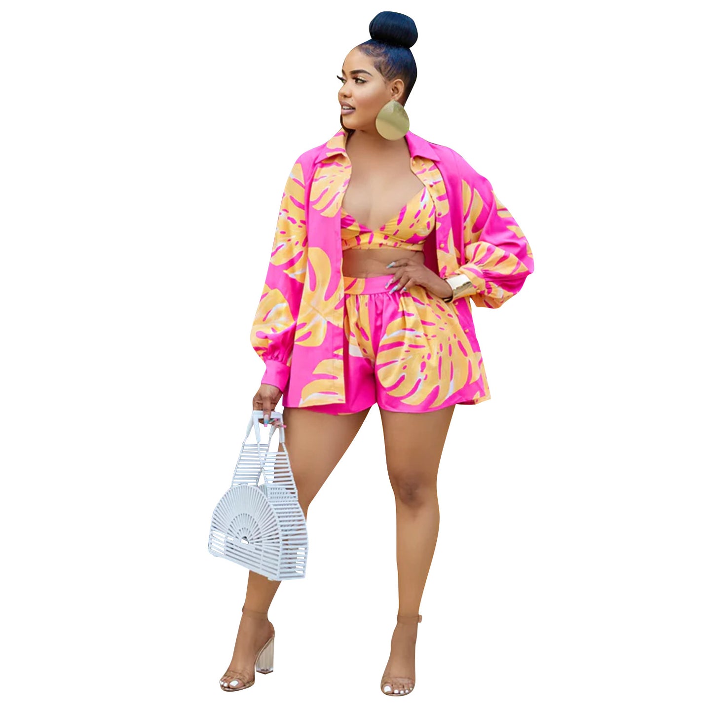 Summer Women Clothing Sexy Digital Printed Shirt Shorts Three Piece Set