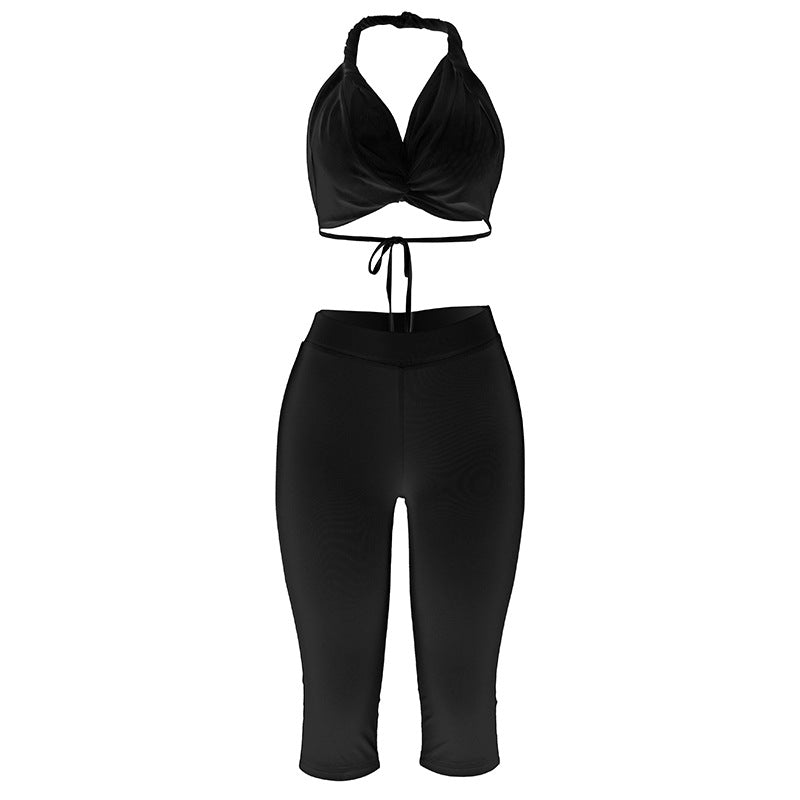 Fall Women Clothing Sexy Halter Bikini Backless Lace Up Cropped Pants Sexy Suit