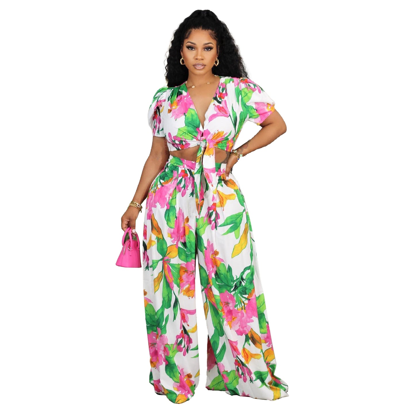 Sexy Printed Wide Leg Straight Loose Short Sleeve Set