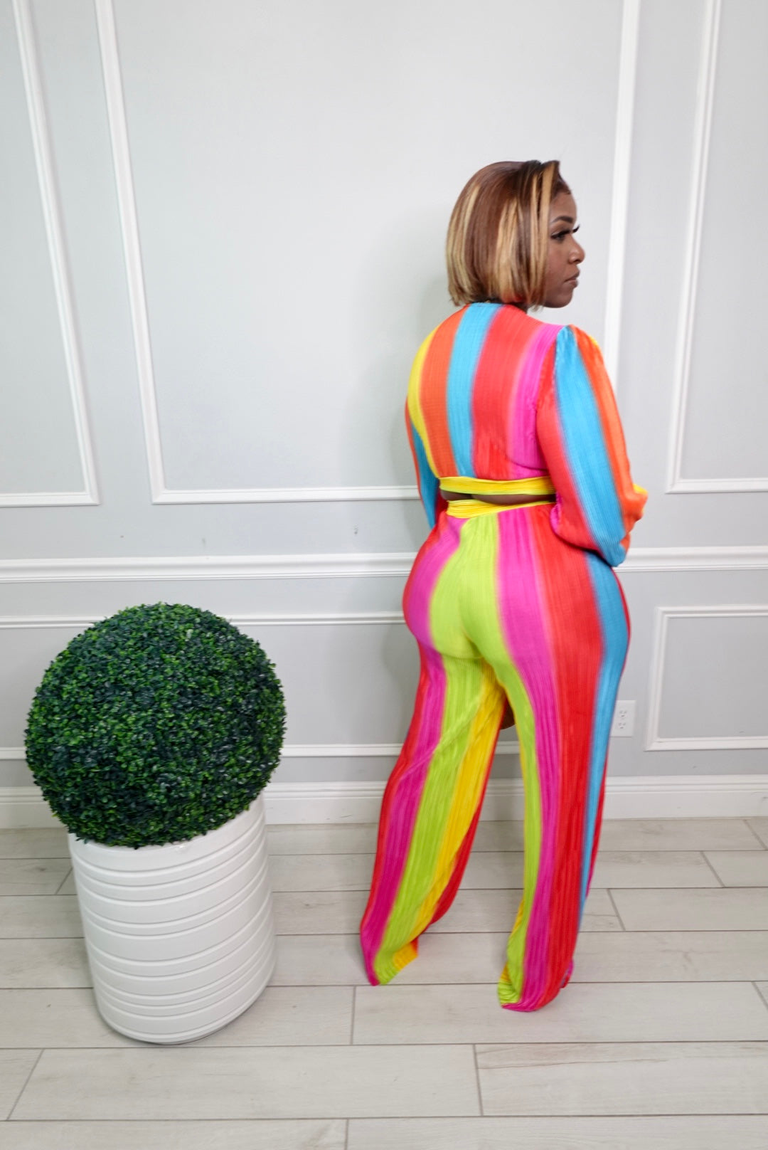 Multi colored woman striped two-piece pant set