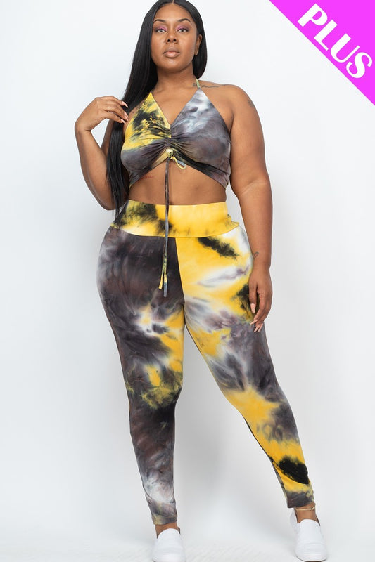 Plus Adjustable Ruched Crop Top And Leggings Set